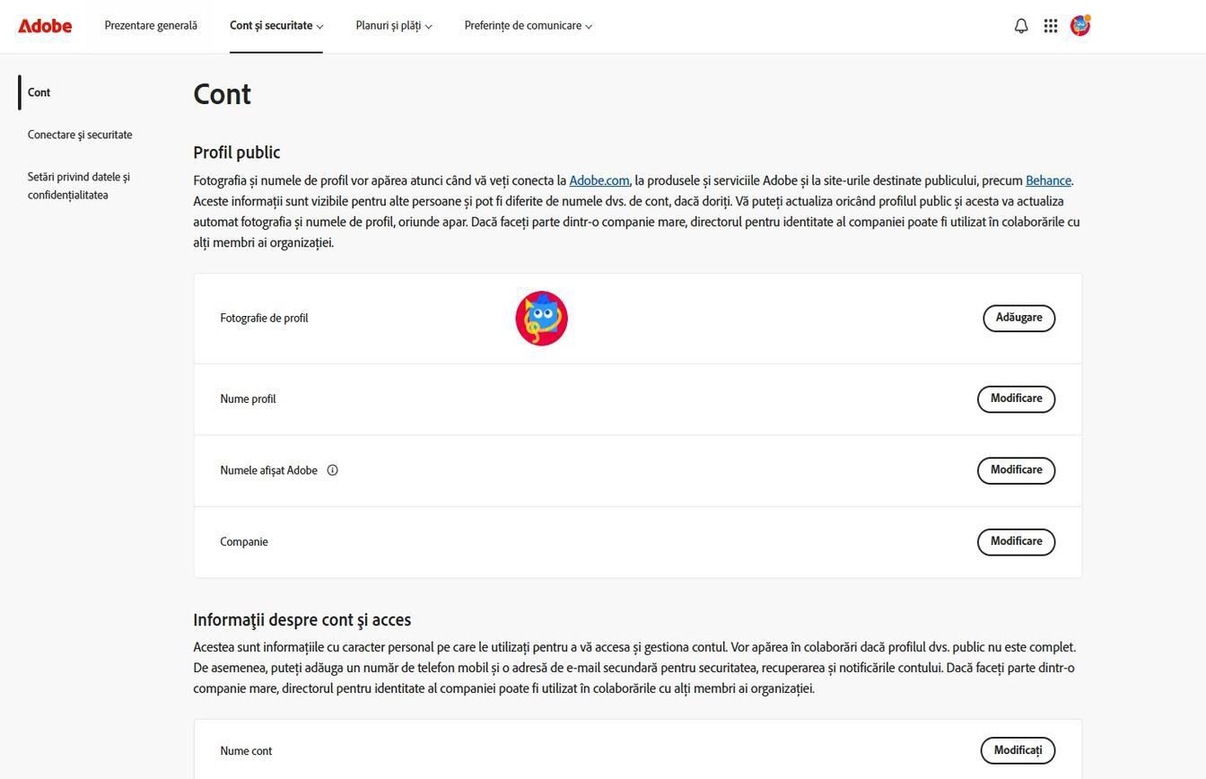 Butoanele Adăugare sau Modificare, disponibile în partea dreaptă a ecranului în pagina Cont, vă permit să adăugați sau să actualizați informațiile contului. 