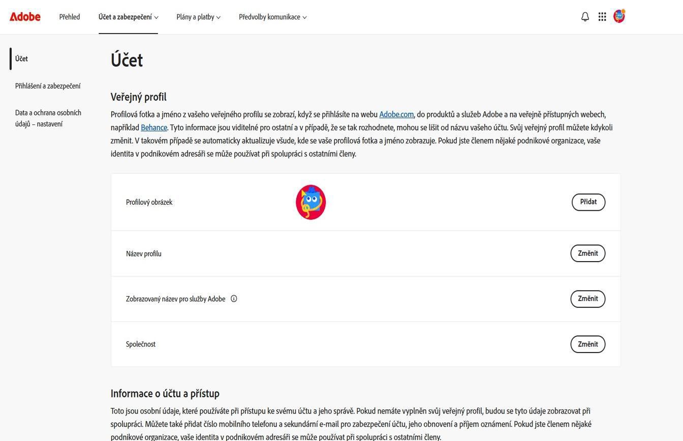 Tlačítka Přidat nebo Změnit, která jsou k dispozici na pravé straně obrazovky na stránce Účet, vám umožňují přidat nebo aktualizovat informace o vašem účtu. 