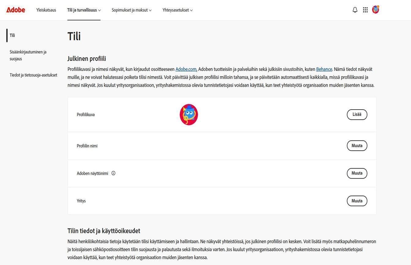 Näytön oikealla puolella Tili-sivulla olevat Lisää- ja Muuta-painikkeet mahdollistavat tilitietojen lisäämisen tai päivittämisen. 