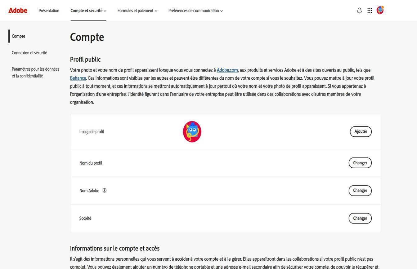 Les boutons Ajouter ou Modifier, disponibles sur le côté droit de l’écran dans la page Compte, vous permettent d’ajouter ou de mettre à jour vos informations de compte. 