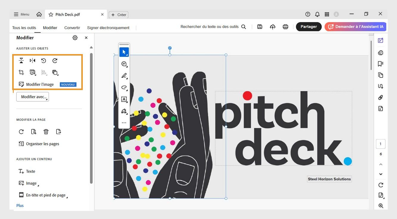 La section Ajuster les objets dans le panneau Modifier affiche une liste d'options pour modifier les objets, telles que Retourner verticalement, Retourner horizontalement, Faire pivoter l'image à gauche, et plus encore.