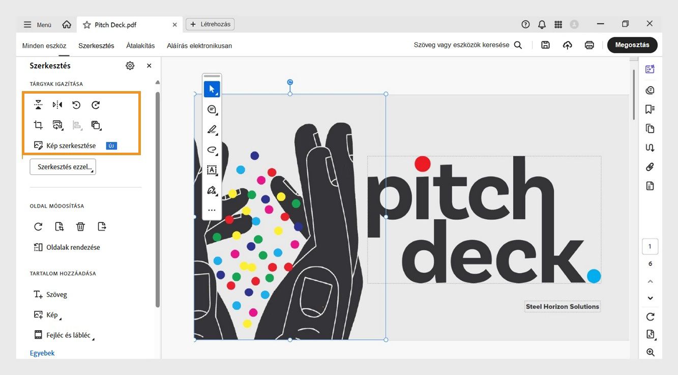 A Szerkesztés panel Objektumok igazítása szakasza az objektumok módosítására szolgáló lehetőségek listáját jeleníti meg, például a Függőleges tükrözés, Vízszintes tükrözés, Kép forgatása balra és egyebek.