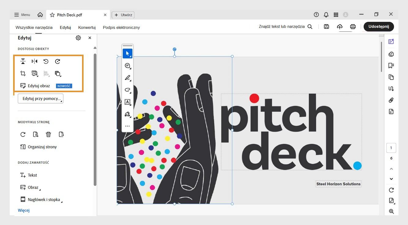 Sekcja Dostosuj obiekty w panelu Edycja wyświetla listę opcji modyfikowania obiektów, takich jak Odbij w pionie, Odbij w poziomie, Obróć obraz w lewo i nie tylko.