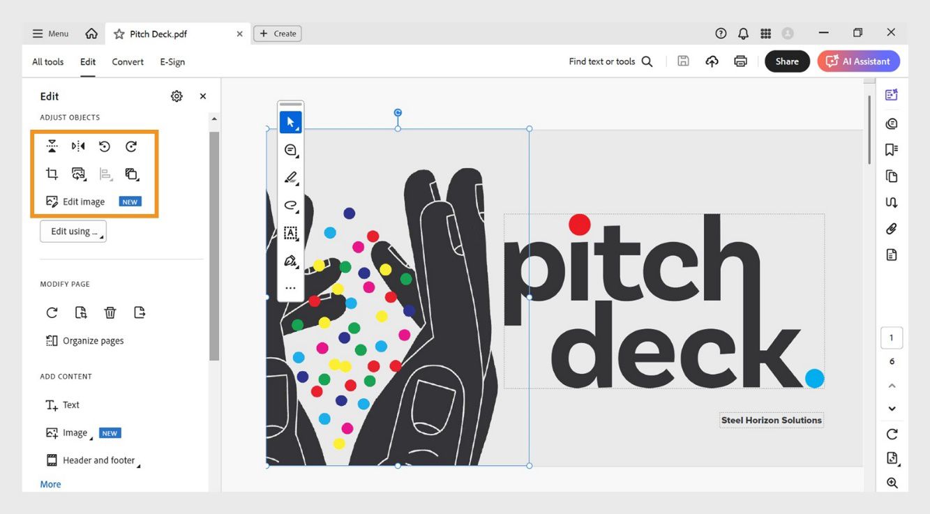 يعرض قسم ضبط العناصر في لوحة التحرير قائمة بخيارات تعديل العناصر مثل القلب عموديًا، والقلب أفقيًا، وتدوير الصورة لليسار، والمزيد.