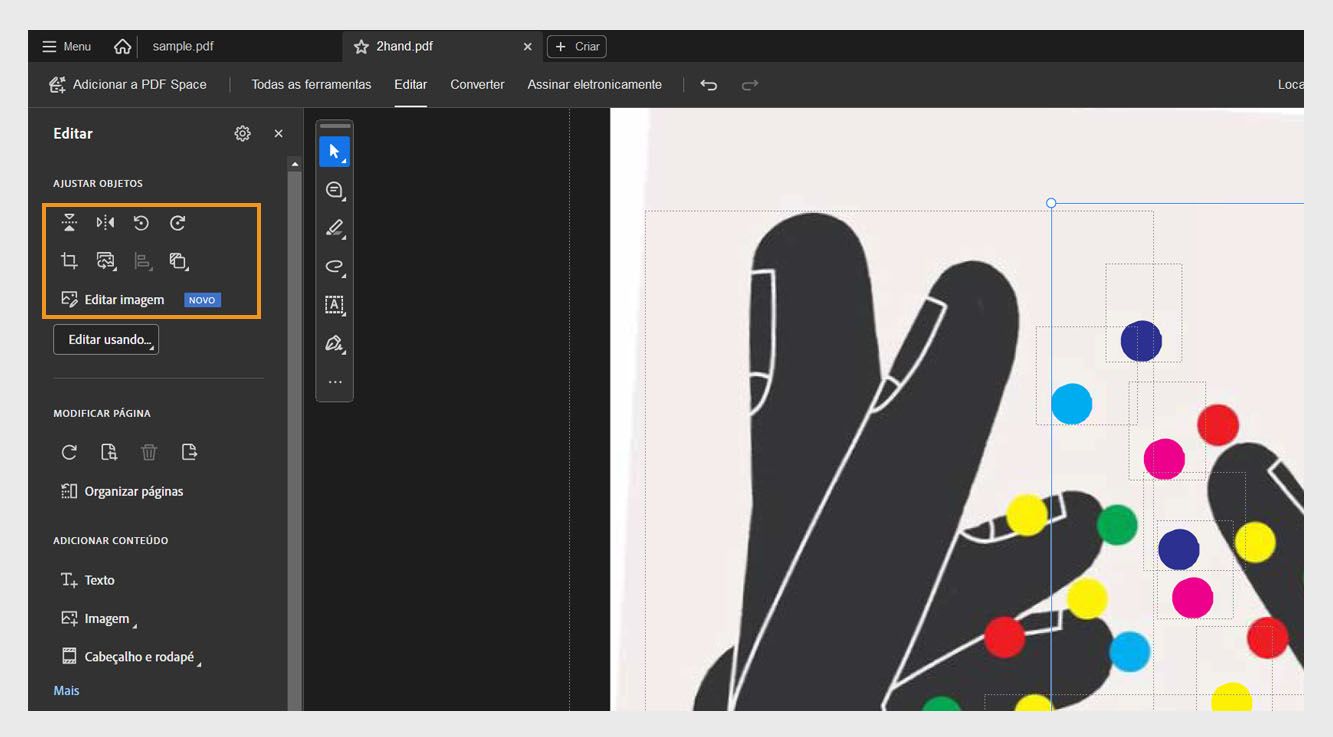 A seção Ajustar objetos no painel Editar exibe uma lista de opções para modificar objetos, como Virar verticalmente, Virar horizontalmente, Girar imagem para a esquerda e mais.