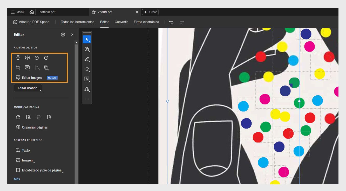 La sección Ajustar objetos en el panel Editar muestra una lista de opciones para modificar objetos como Voltear verticalmente, Voltear horizontalmente, Rotar imagen a la izquierda, etc.