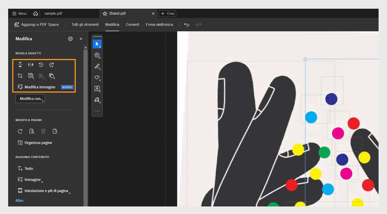 La sezione Regola oggetti nel pannello Modifica visualizza un elenco di opzioni per modificare gli oggetti come Rifletti in verticale, Rifletti in orizzontale, Ruota immagine a sinistra e altro ancora.