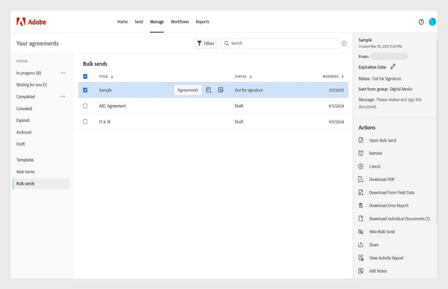 Adobe Acrobat“管理”页面会显示批量发送协议及其状态、详细信息面板和一个包含“打开批量发送”、“提醒”、“取消”、“下载 PDF”等选项的操作菜单。