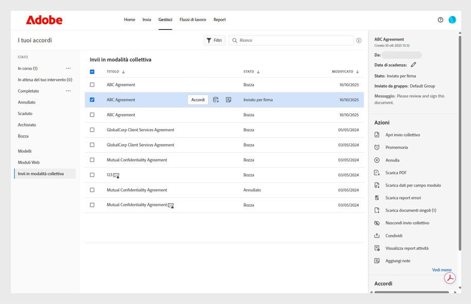 Nella pagina Gestisci di Adobe Acrobat sono visualizzati gli accordi di Invio in modalità collettiva con lo stato, un pannello dei dettagli e un menu Azioni con opzioni quali Apri invio in modalità collettiva, Ricorda, Annulla, Scarica PDF e altro ancora.