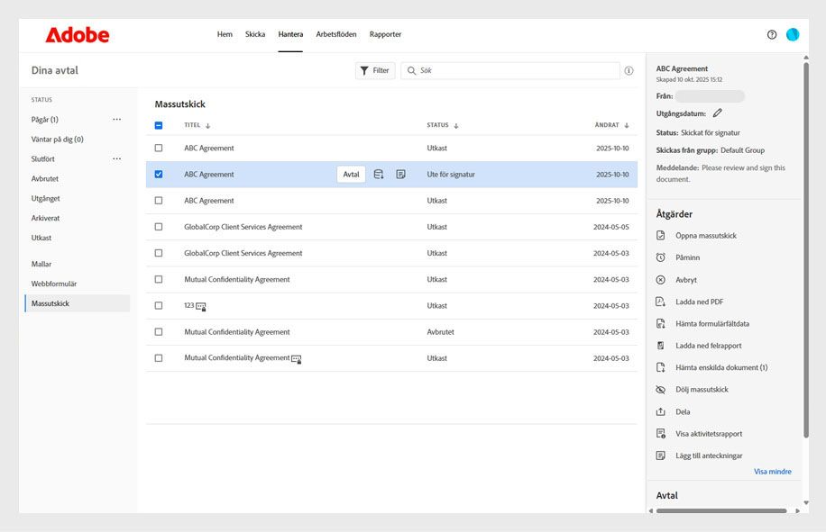 På sidan Hantera i Adobe Acrobat visas avtal för massutskick med deras status, en informationspanel och en åtgärdsmeny med alternativ som Öppna massutskick, Påminn, Avbryt, Hämta PDF-fil med mera.