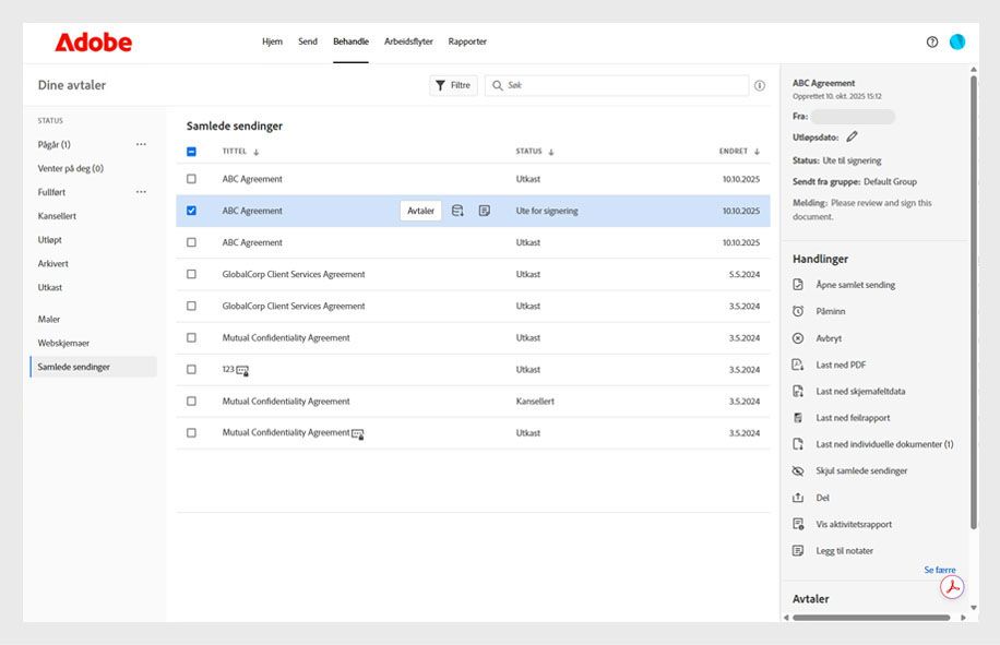 Behandle-siden i Adobe Acrobat viser avtaler sendt samlet med statuser, et detaljpanel og en handlingsmeny som inneholder alternativer som åpne Send samlet, påminn, avbryt, last ned PDF og mer.