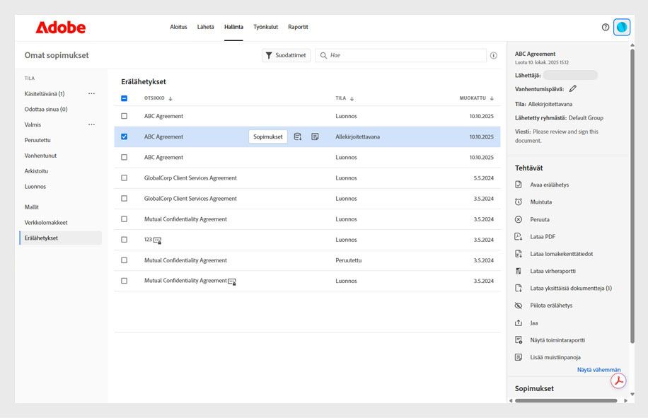 Adobe Acrobatin Hallinta-sivulla näytetään erälähetetyt sopimukset ja niiden tila, tietopaneeli ja Toiminnot-valikko, jossa on esimerkiksi sellaisia vaihtoehtoja kuin Avaa erälähetys, Muistuta, Peruuta, Lataa PDF-tiedosto ym.