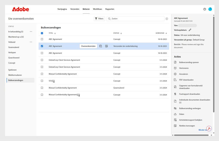 Op de Adobe Acrobat-beheerpagina worden overeenkomsten voor bulkverzending weergegeven met hun status, een gegevensvenster en een menu Acties met opties zoals Bulkverzending openen, Herinneren, Annuleren, PDF downloaden en meer.