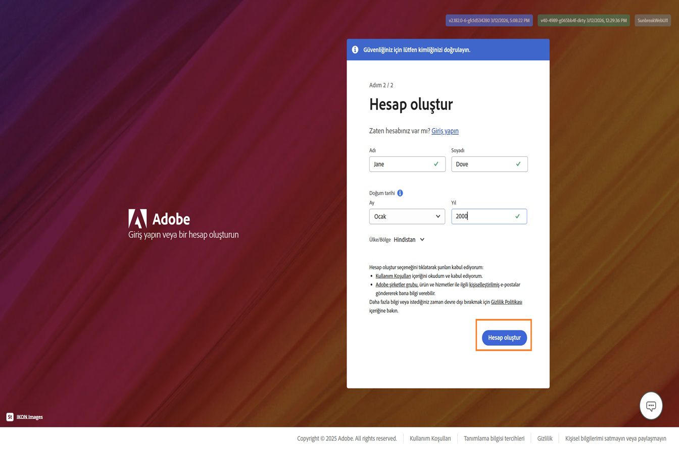 Ad-soyad ve doğum tarihi girilmiş ve Hesap oluştur düğmesi vurgulanmış, e-posta ile kayıt için Adobe Hesap oluştur sayfası.