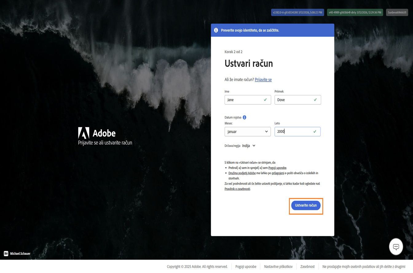 Stran Adobe ustvari račun za registracijo z e-pošto, z vnesenim polnim imenom in datumom rojstva ter poudarjenim gumbom ustvari račun.