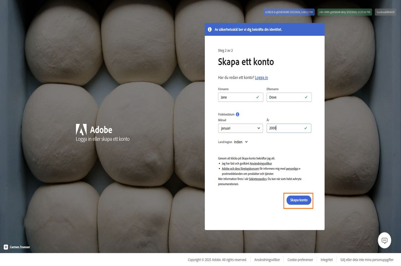 Adobe-sidan Skapa ett konto för registrering med e-postadress, med fullständigt namn och födelsedatum ifyllda, och knappen Skapa konto markerad.