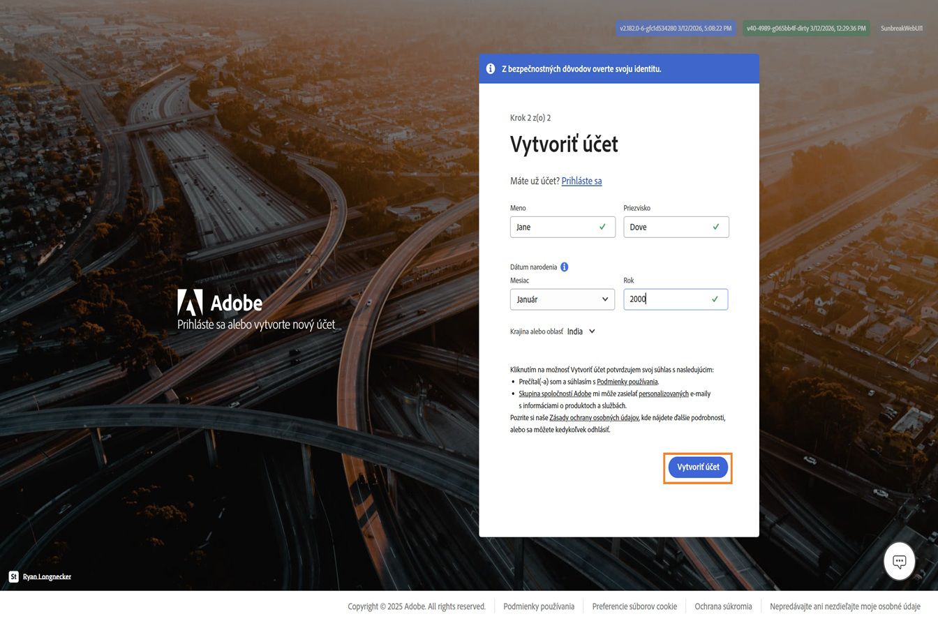 Stránka Adobe Vytvoriť konto na registráciu pomocou e-mailu, s vyplneným celým menom a dátumom narodenia a zvýrazneným tlačidlom Vytvoriť konto.
