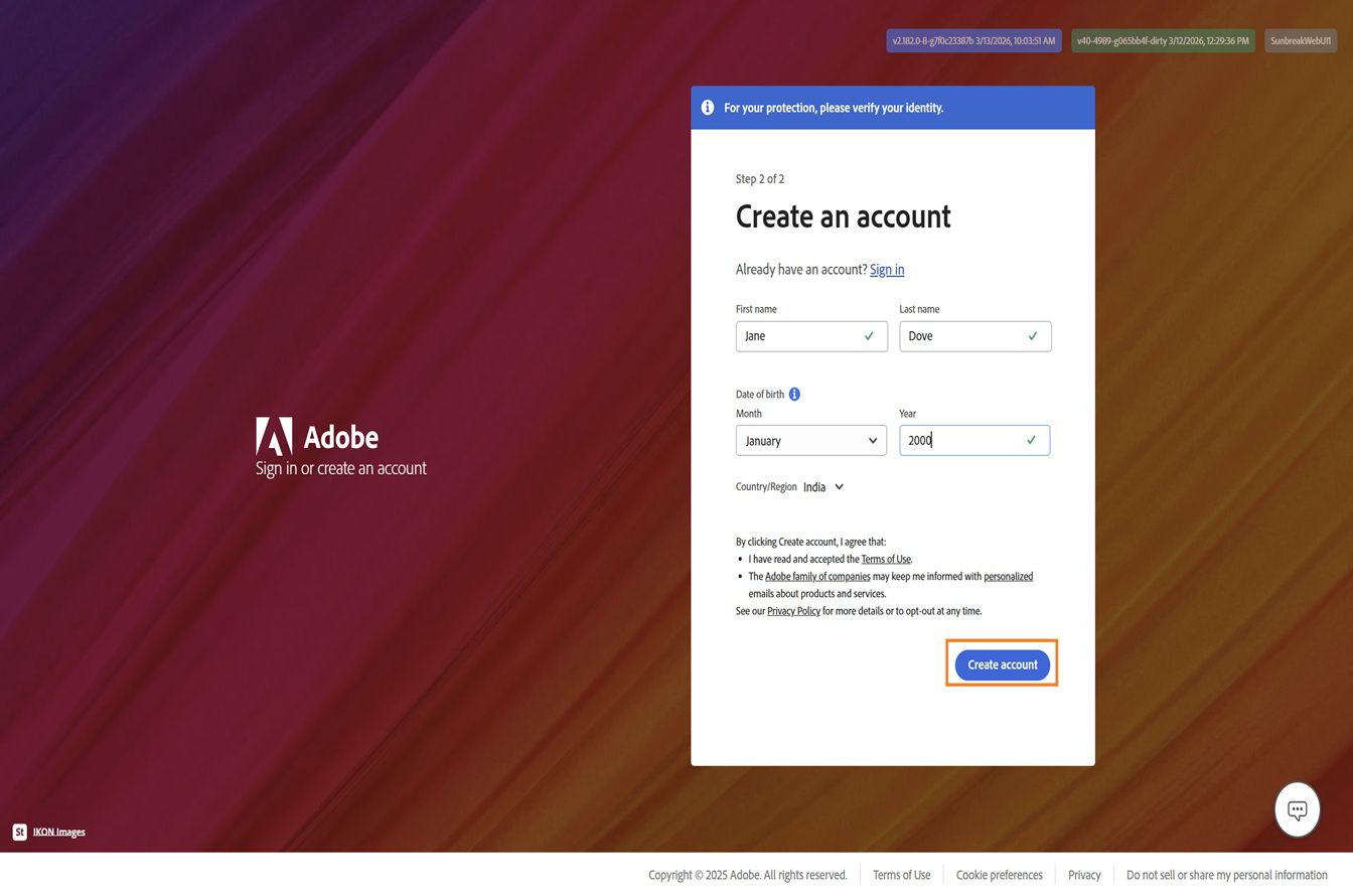 Halaman Cipta akaun Adobe untuk mendaftar dengan e-mel, dengan nama penuh dan tarikh lahir dimasukkan dan butang Cipta akaun diserlahkan.