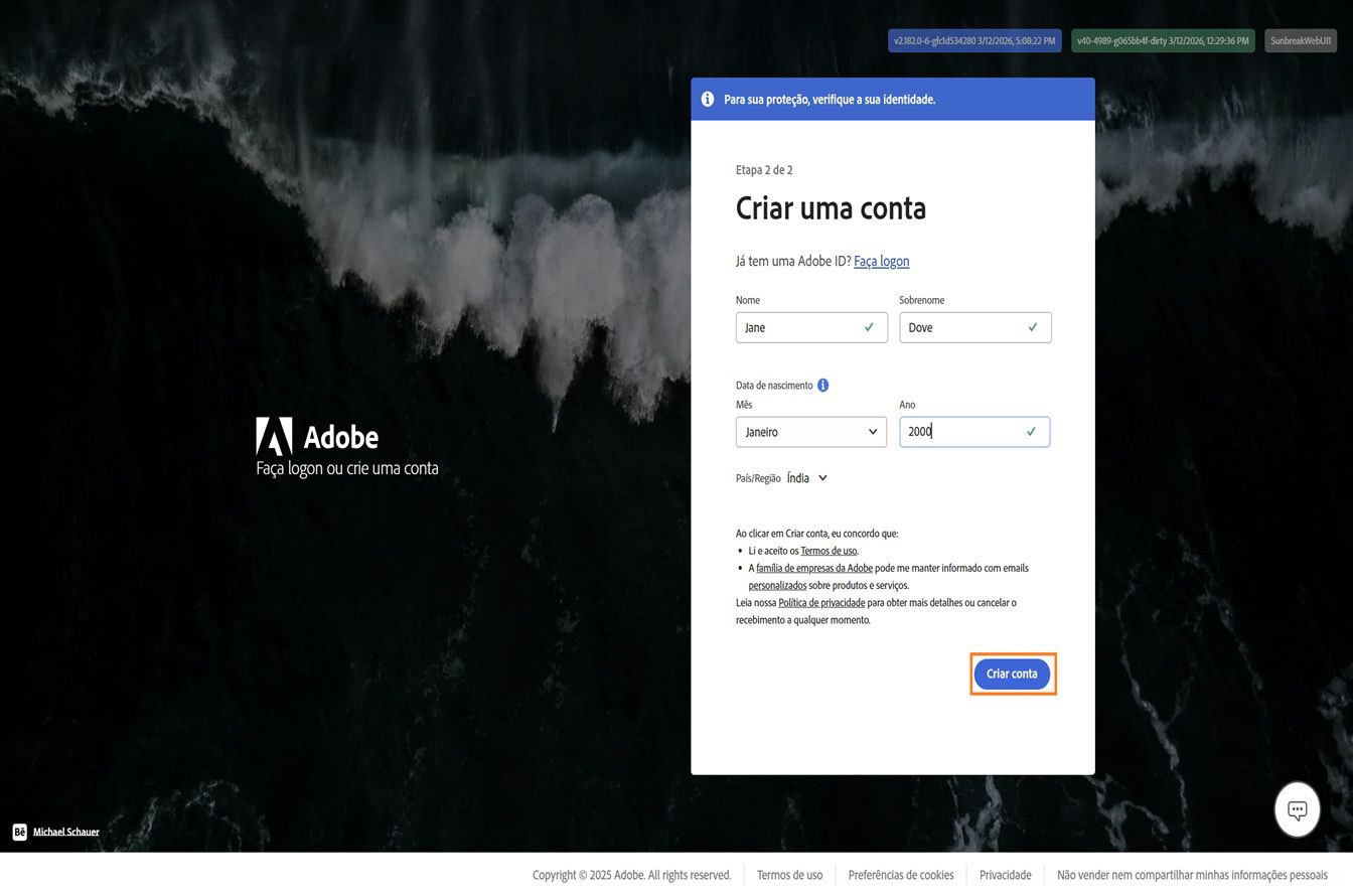 A página Criar uma conta da Adobe para inscrição com e-mail, com o nome completo e a data de nascimento inseridos e o botão Criar conta destacado.