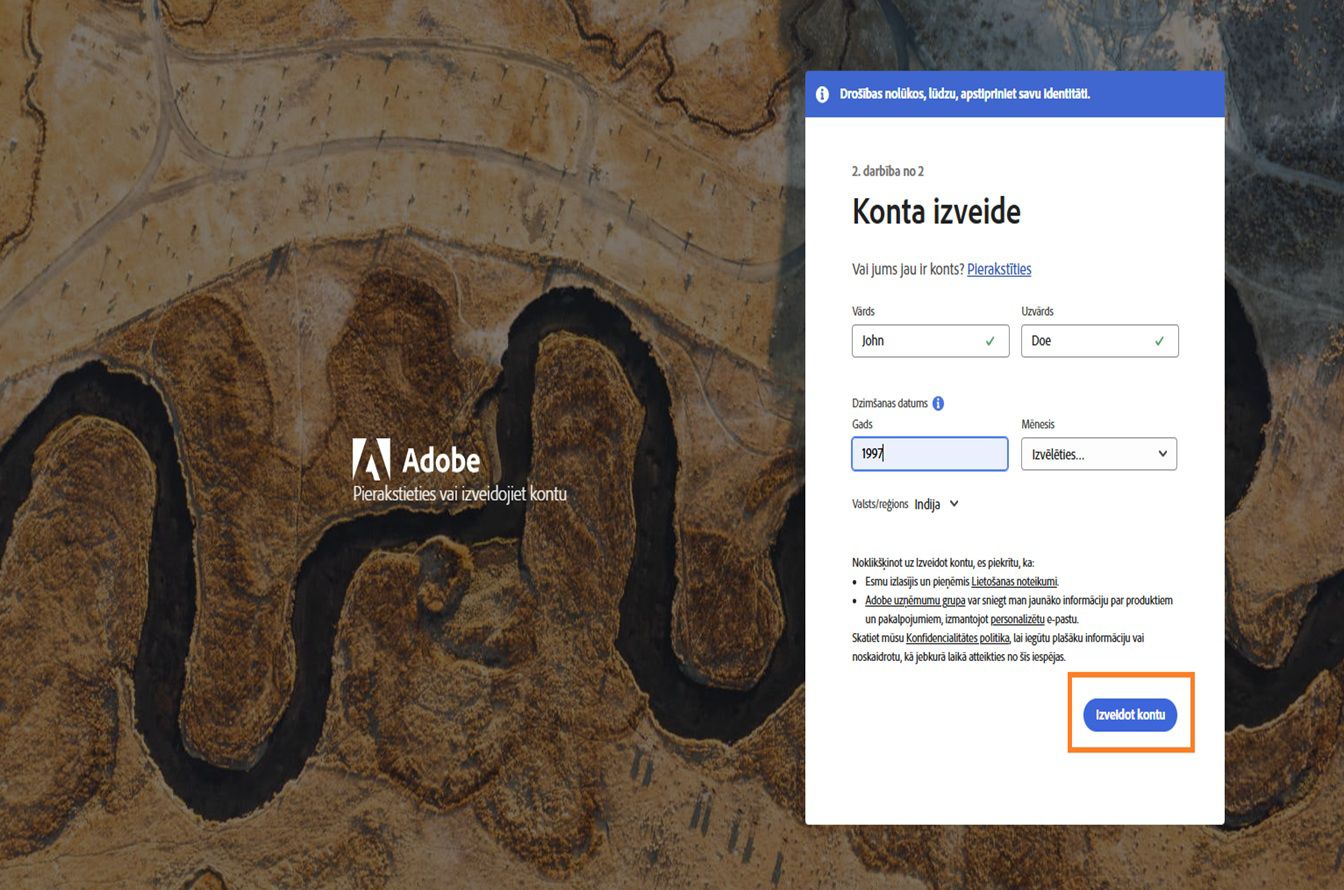 Adobe lapa Izveidot kontu reģistrācijai ar e-pastu, ar ievadītu pilno vārdu un dzimšanas datumu un izceltu pogu Izveidot kontu.