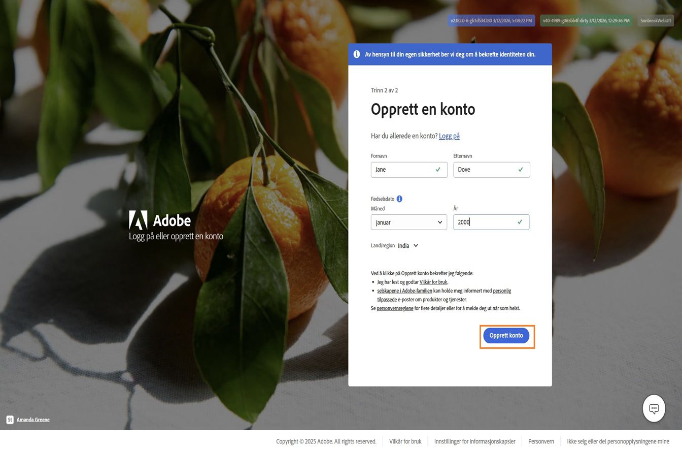 Siden Opprett en konto på Adobe for registrering med e-post, der fullt navn og fødselsdato er angitt, og knappen Opprett konto er uthevet.