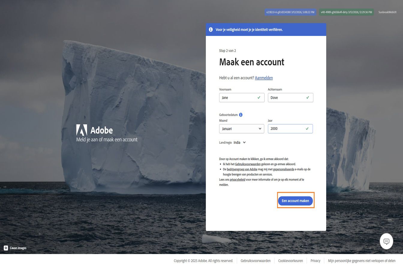 De Adobe-pagina 'Maak een account aan' om je aan te melden met je e-mailadres, je volledige naam en geboortedatum, en de knop 'Maak een account aan' gemarkeerd.