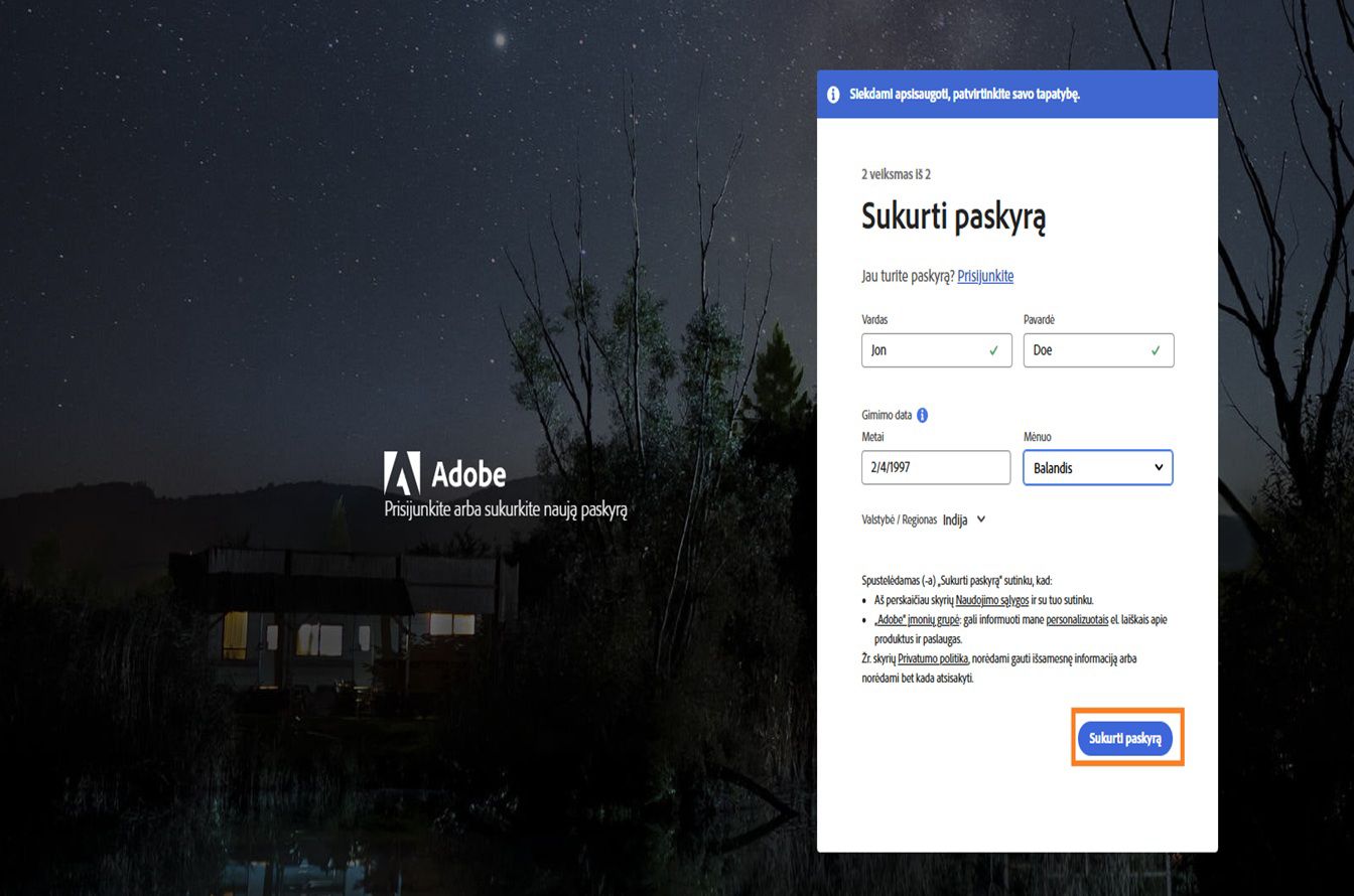 „Adobe“ paskyros kūrimo puslapis, skirtas registruotis su el. paštu, su įvestais vardu, pavarde ir gimimo data bei paryškintu mygtuku „Kurti paskyrą“.