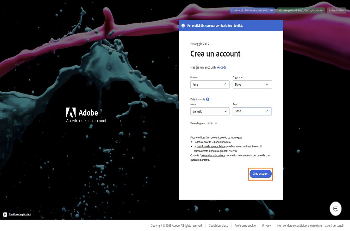 La pagina "Crea un account" di Adobe per la registrazione con e-mail, con il nome completo e la data di nascita inseriti e il pulsante "Crea account" evidenziato.
