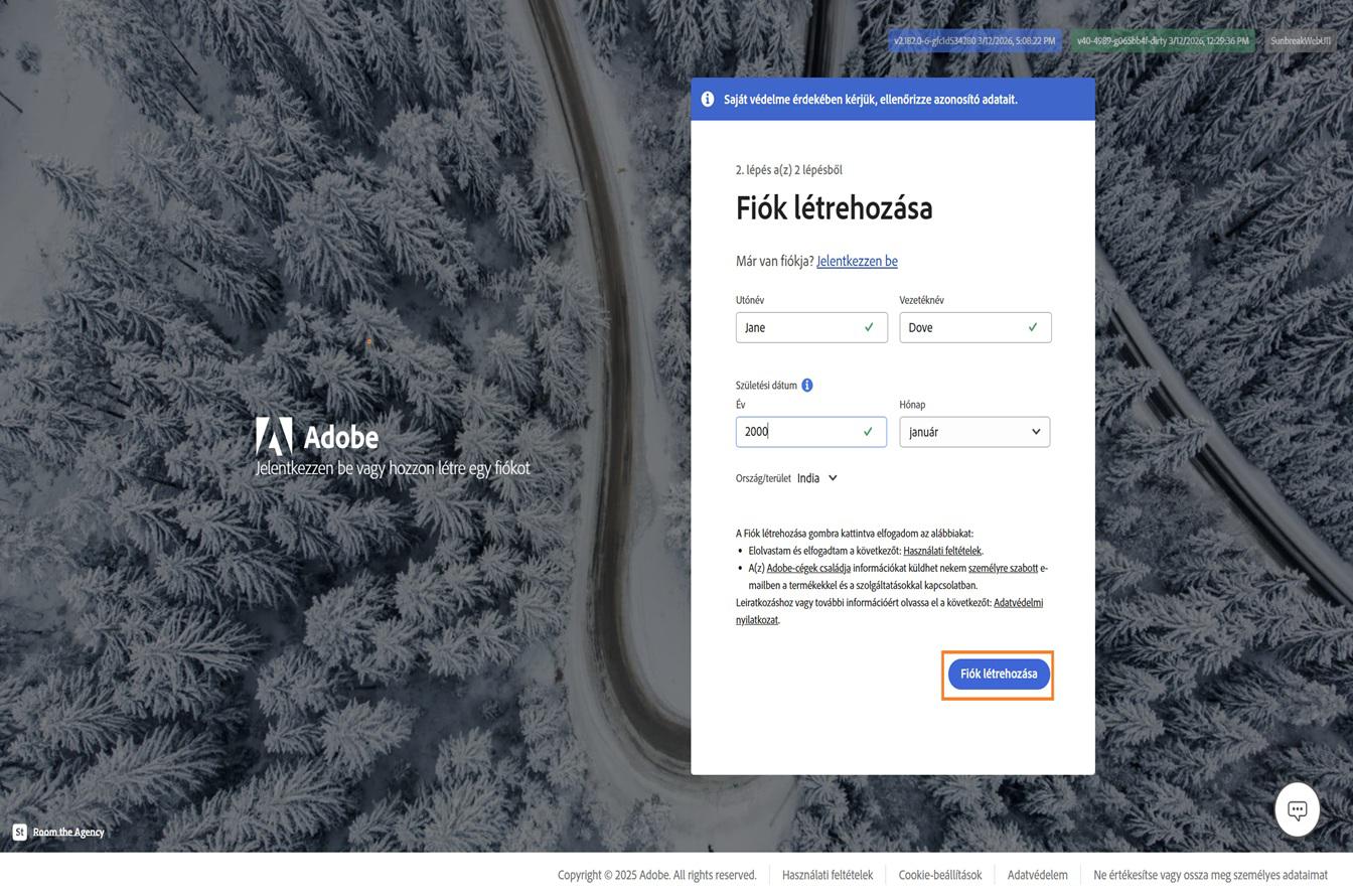 Az Adobe Fiók létrehozása oldal e-mail-címmel történő regisztrációhoz, a beírt teljes névvel és születési dátummal, valamint a kiemelt Fiók létrehozása gombbal.