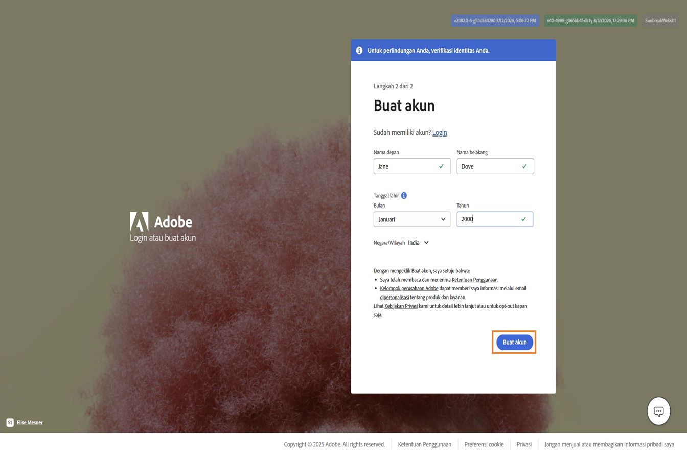 Halaman Buat akun Adobe untuk mendaftar dengan email, dengan nama lengkap dan tanggal lahir yang dimasukkan, dan tombol Buat akun disorot.