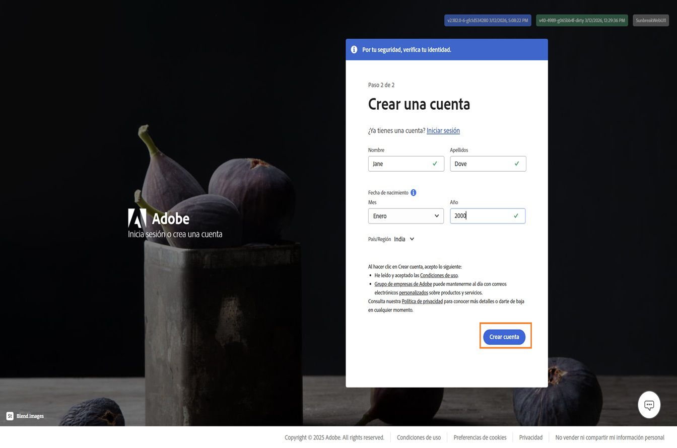 La página Crear una cuenta de Adobe para registrarse con correo electrónico, con el nombre completo y la fecha de nacimiento introducidos, y el botón Crear cuenta resaltado.