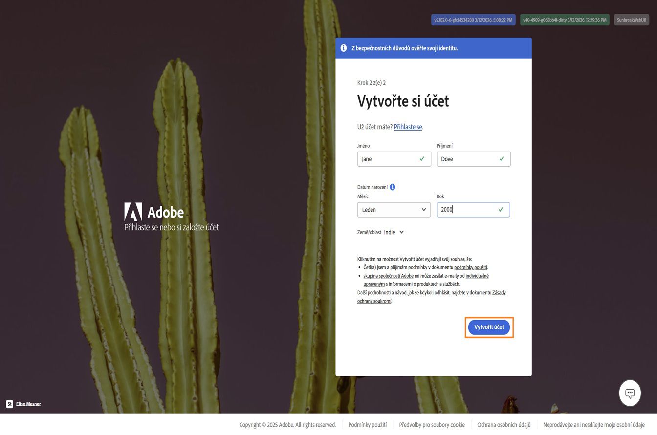 Stránka Adobe Vytvořit účet pro registraci pomocí e-mailu se zadaným celým jménem a datem narození a zvýrazněným tlačítkem Vytvořit účet.