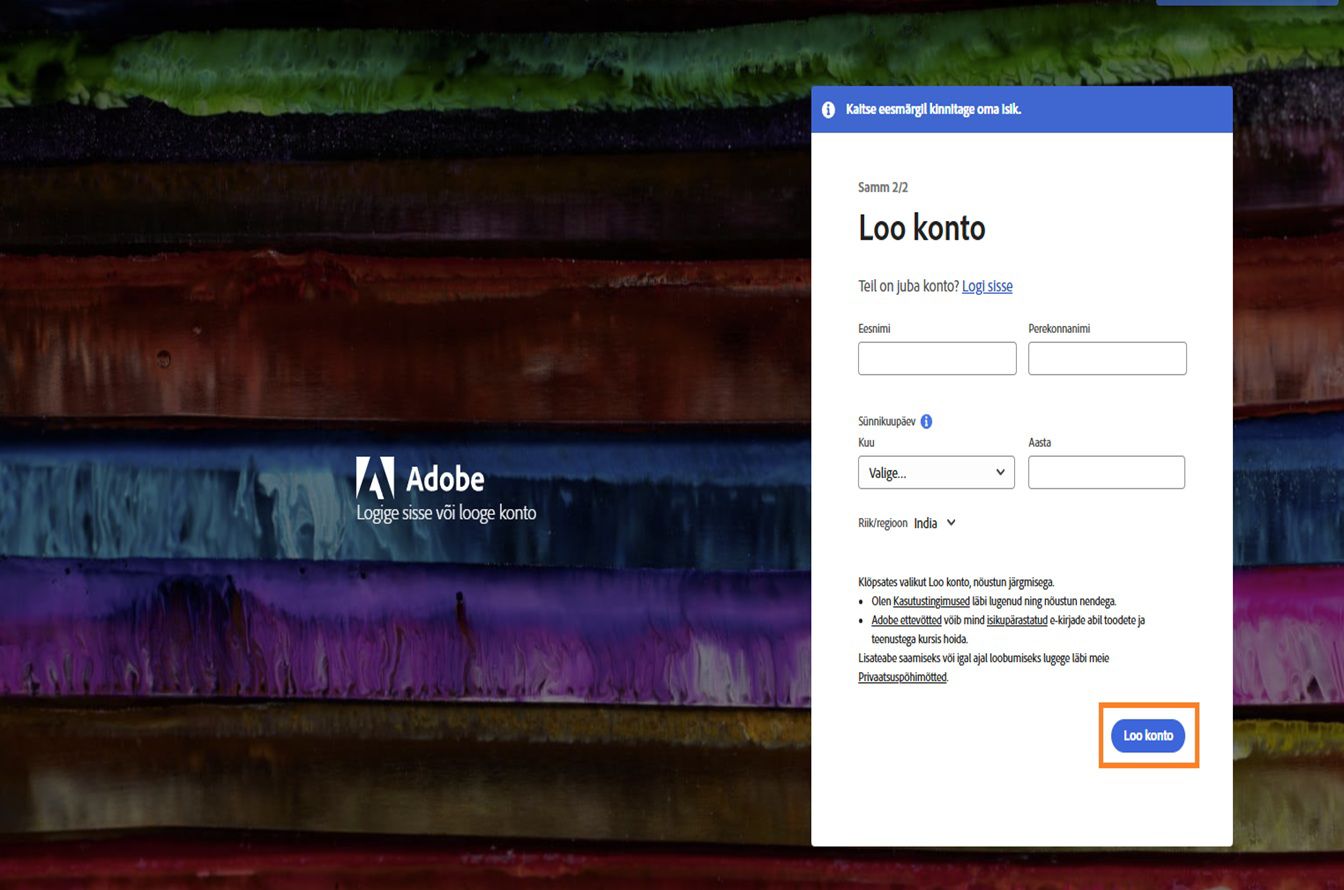 Adobe konto loomise leht registreerumiseks e-postiga, kus täisnimi ja sünnikuupäev on sisestatud ning nupp Loo konto on esiletõstetud.