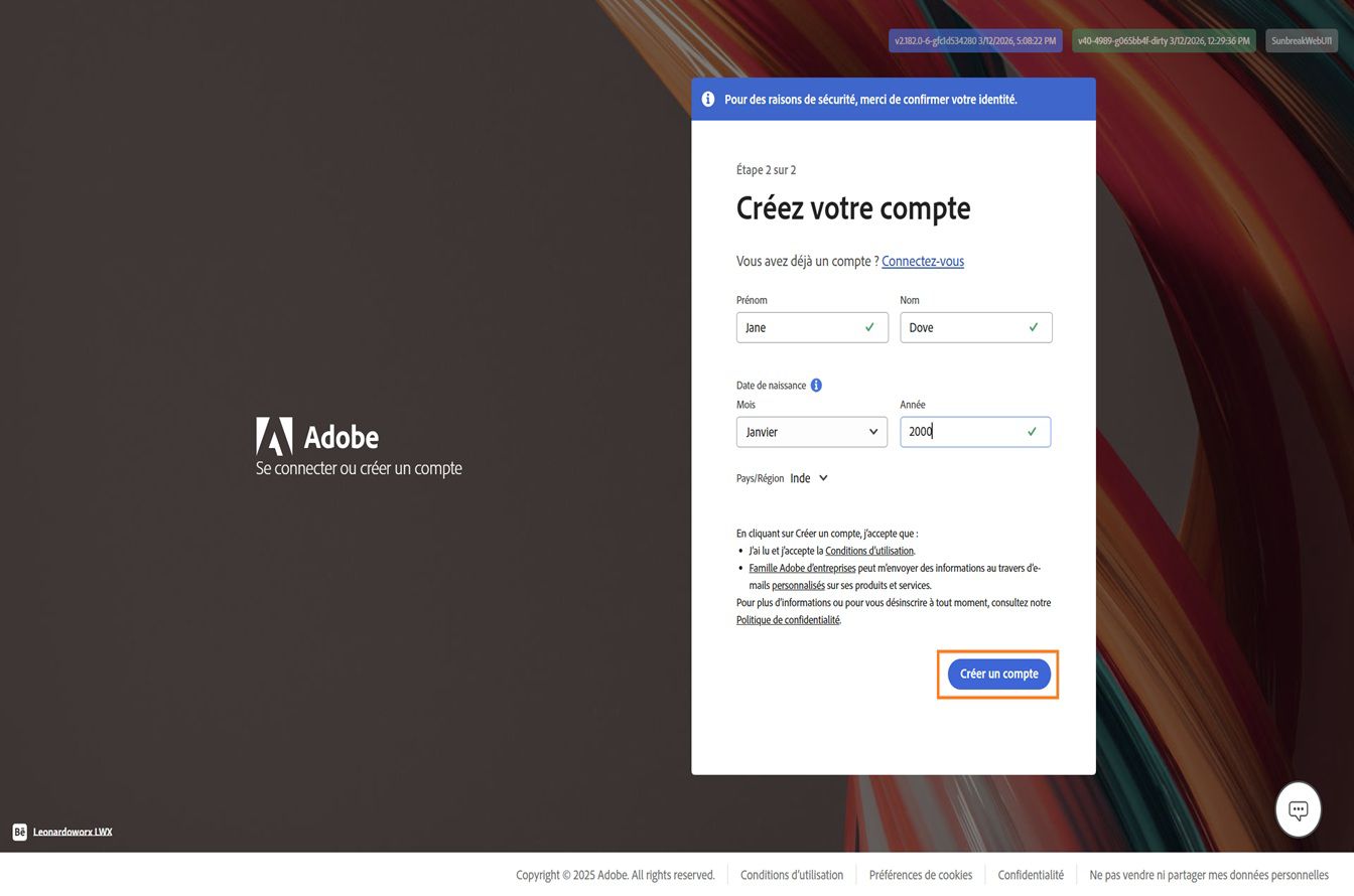 La page Créer un compte d’Adobe pour s’inscrire avec un e-mail, avec le nom complet et la date de naissance saisis, et le bouton Créer un compte mis en surbrillance.