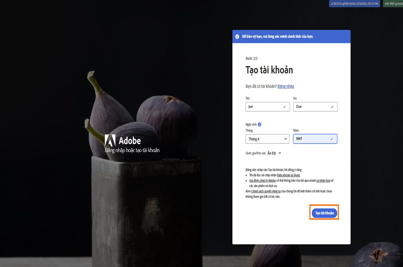 Trang Tạo tài khoản Adobe để đăng ký bằng email, với họ tên đầy đủ và ngày sinh đã nhập và nút Tạo tài khoản được làm nổi bật.