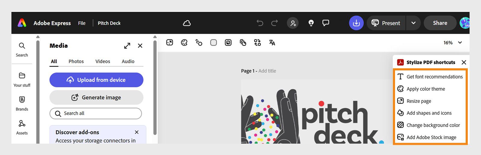 Das seitliche Bedienfeld von Adobe Express zeigt Optionen wie Suche, Text, Eigene Inhalte, Vorlagen und mehr an.