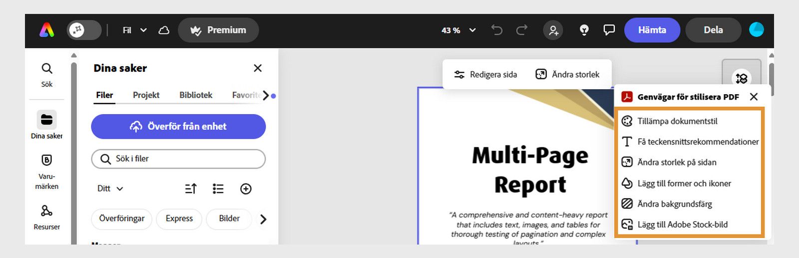Adobe Express-sidopanelen visar alternativ som Sök, Text, Dina filer, Mallar och mer. 