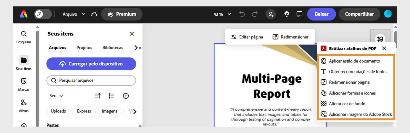 O painel lateral do Adobe Express exibe opções como Pesquisar, Texto, Seus arquivos, Modelos e muito mais. 
