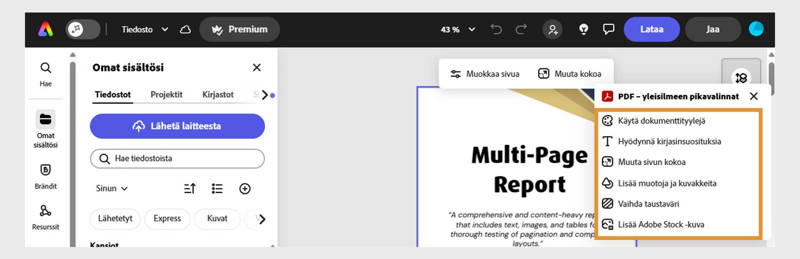 Adobe Express -sivupaneelissa näkyy vaihtoehtoja, kuten Haku, Teksti, Oma sisältö, Mallit ja muuta. 