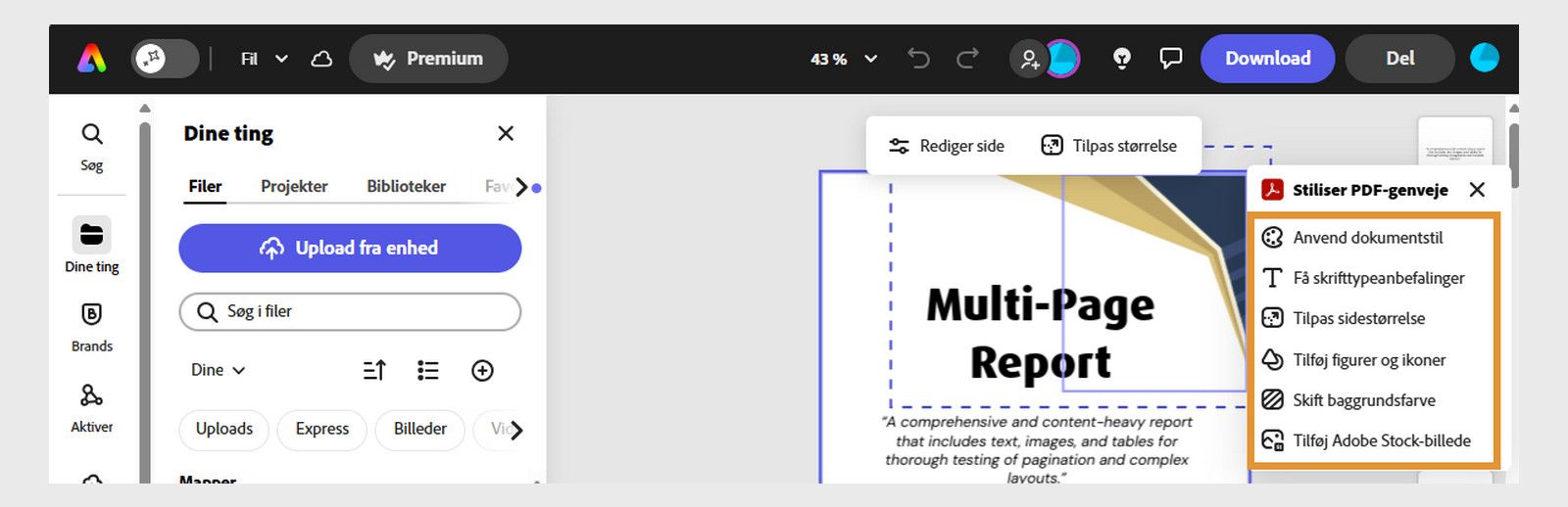 Sidepanelet i Adobe Express viser options, herunder Søg, Tekst, Dine ting, Skabeloner og mere. 
