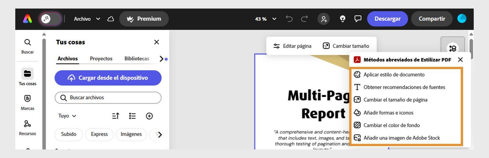 El panel lateral de Adobe Express muestra opciones que incluyen Búsqueda, Texto, Sus cosas, Plantilals, etc. 