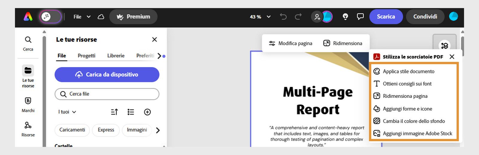 Il pannello laterale di Adobe Express mostra opzioni tra cui Ricerca, Testo, I tuoi elementi, Modelli e altro. 
