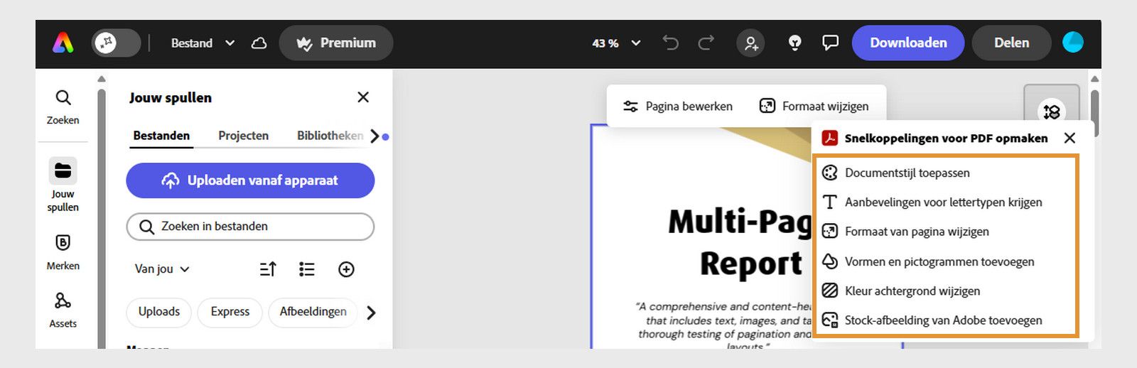 In het zijpaneel van Adobe Express worden opties weergegeven zoals Zoeken, Tekst, Jouw spullen, Sjablonen en meer. 