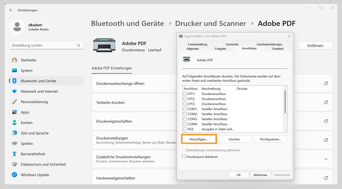 Das Dialogfeld „Eigenschaften von Adobe PDF“ zeigt die geöffnete Registerkarte „Anschlüsse“ mit den Optionen „Anschluss hinzufügen“, „Anschluss löschen“ und „Anschlüsse konfigurieren“. 