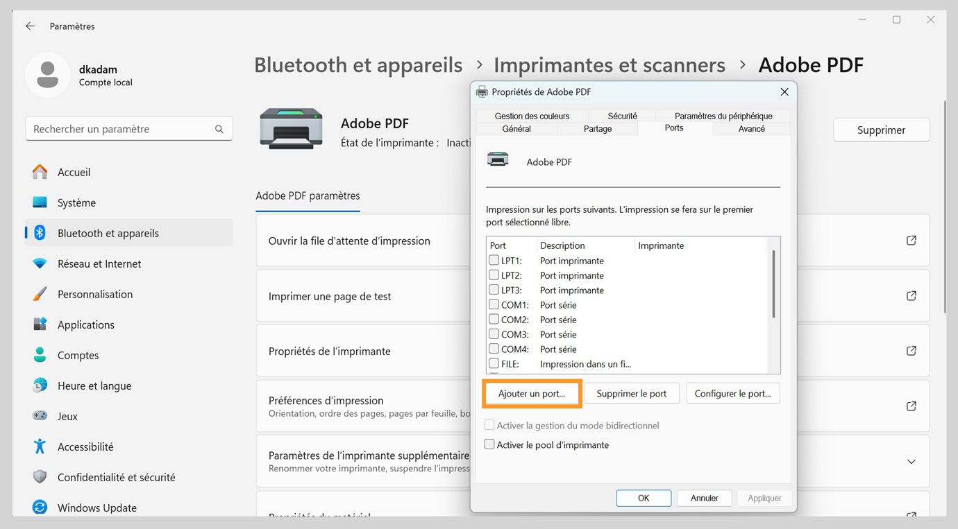 La boîte de dialogue Propriétés Adobe PDF affiche l'onglet Ports ouvert avec les options Ajouter un port, Supprimer un port et Configurer les ports.