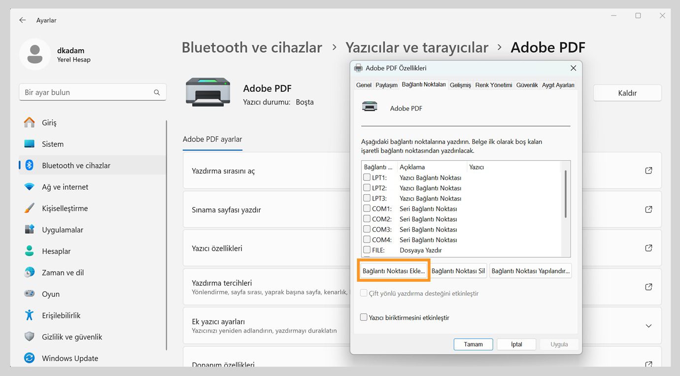 Adobe PDF Özellikleri iletişim kutusu, Bağlantı Noktası Ekle, Bağlantı Noktasını Sil ve Bağlantı Noktalarını Yapılandır seçenekleriyle açık olan Bağlantı Noktaları sekmesini gösterir.