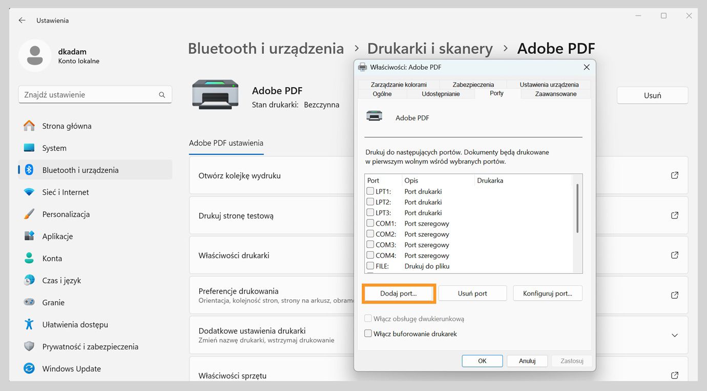 Okno dialogowe Właściwości Adobe PDF pokazuje otwartą kartę Porty z opcjami Dodaj port, Usuń port i Konfiguruj porty. 