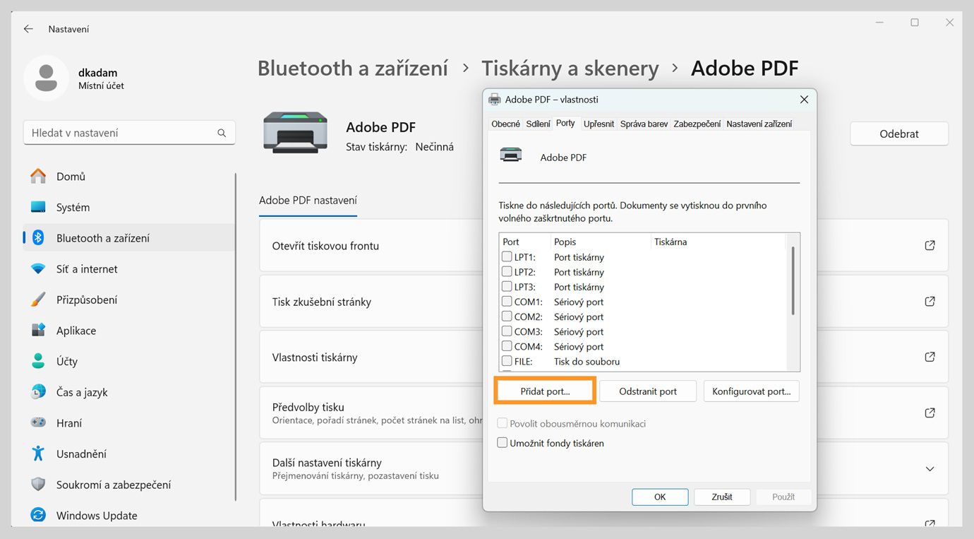 Dialogové okno Vlastnosti Adobe PDF zobrazuje otevřenou kartu Porty s možnostmi Přidat port, Odstranit port a Konfigurovat porty.