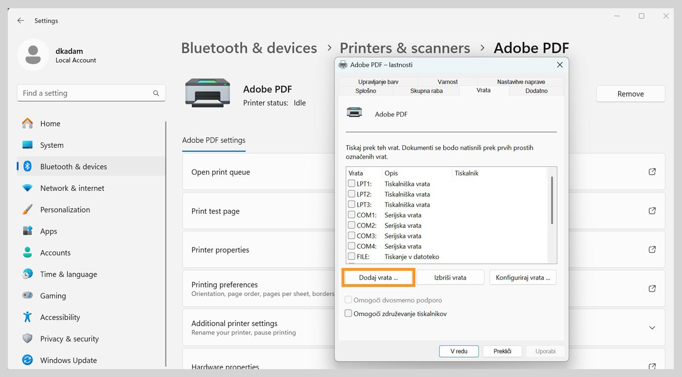 Pogovorno okno Lastnosti Adobe PDF prikazuje odprt zavihek Vrata z možnostmi Dodaj vrata, Izbriši vrata in Konfiguriraj vrata. 