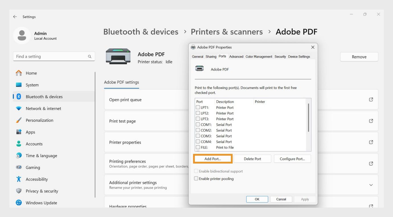 תיבת הדו-שיח Adobe PDF Properties מציגה את הכרטיסייה Ports פתוחה עם האפשרויות Add Port‏, Delete Port ו-Configure Ports. 